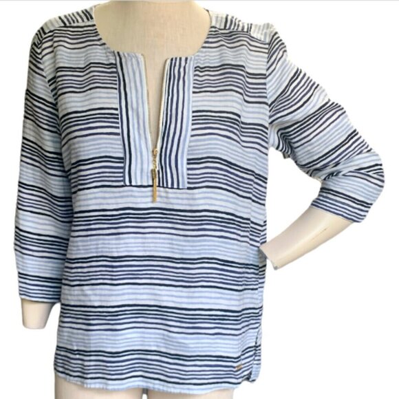 Ellen Tracy Striped Linen Tunic Top 1/2 Zip Tassel Blue & White Sz L #43N - Picture 3 of 9